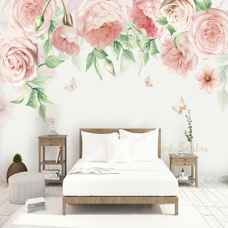 Custom Photo Wallpaper Hand-painted Nordic Fresh Garden Rose Flowers Background Wall Decor Mural Papel De Parede Home Décor Art