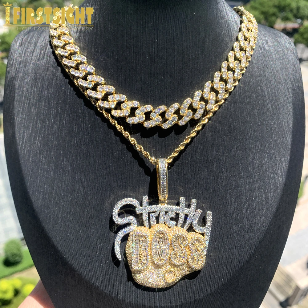 New Iced Out Bling Rectangle CZ Letter Strictly B Pendant Necklace Gold Color Cubic Zirconia Charm Men Hip Hop Jewelry