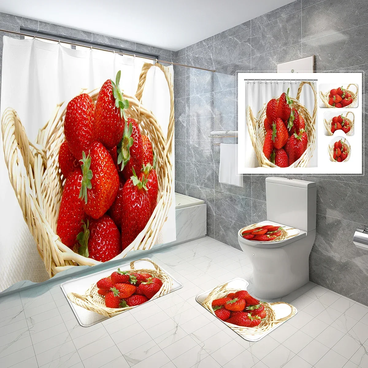 

4 Pcs Strawberry Shower Curtain Set Summer Ripe Red Fruit Bathroom Non-Slip Bath Mat Waterproof Shower Curtain Toilet Cover Set