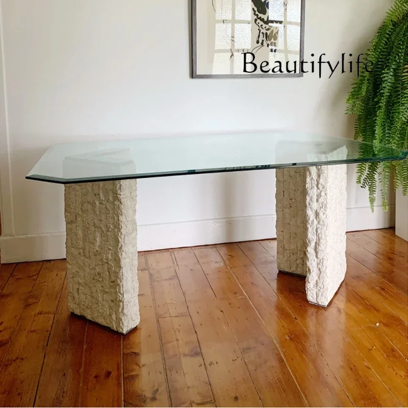 M Natural Travertine Dining Table Modern Simple Tempered Glass Square Dining Table Nordic Light Luxury Marble Negotiation Table