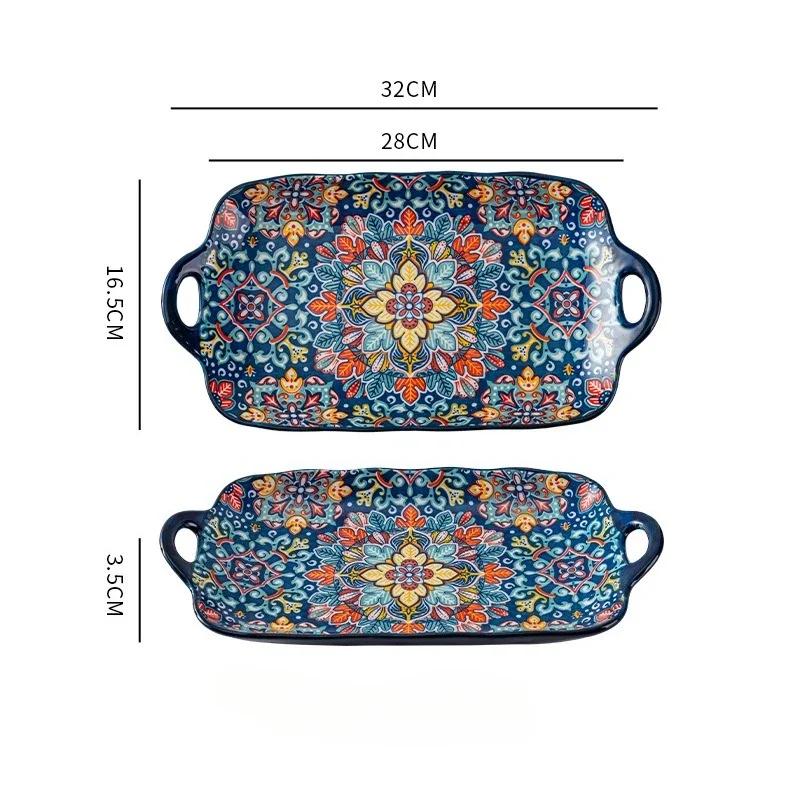 Bohemian Bi-eared Fish Plate Household Steamed Fish Plate High-value Large Rectangular Fish Dish Ceramic Dish Plate