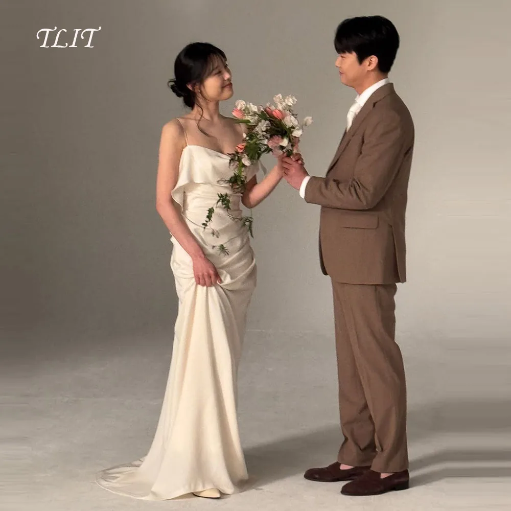 

TLIT Elegant Elastic Satin Mermaid Long Wedding Dresses Customized Backless Strapless Spaghetti Strap Draped Bridal Gowns