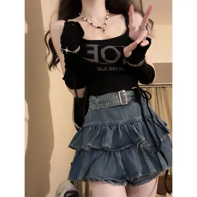 

Y2k Skirt Kawaii Hot Girl Hotsweet Denim Skirt Womens Summer New Pleated Casual High Waist Slim Gothic Mini A Word Short Skirt