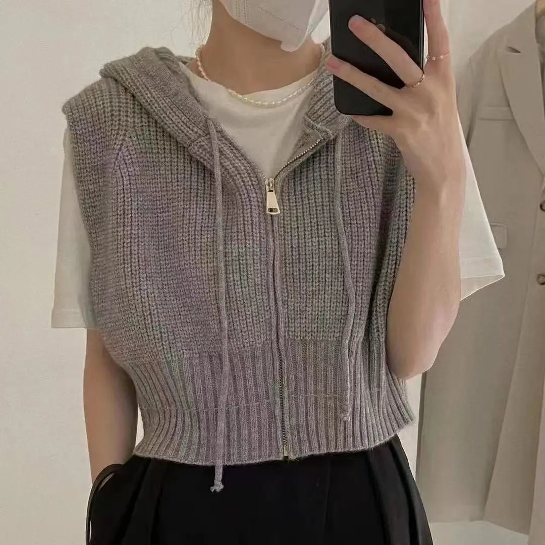 Knitted Vest Zipper Cardigan Hooded Sleeveless Waistcoat Vests Crop Tops Streetwear Y2k Tank Tops Drawstring Jackets Chic Design