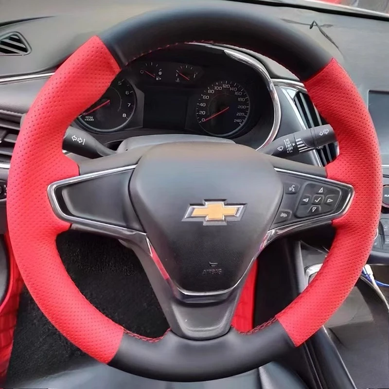 

For Chevrolet Malibu XL 2015-2019 Equinox 2017-2019 Hand-stitched non-slip Black Red Genuine Leather Car Steering Wheel Cover