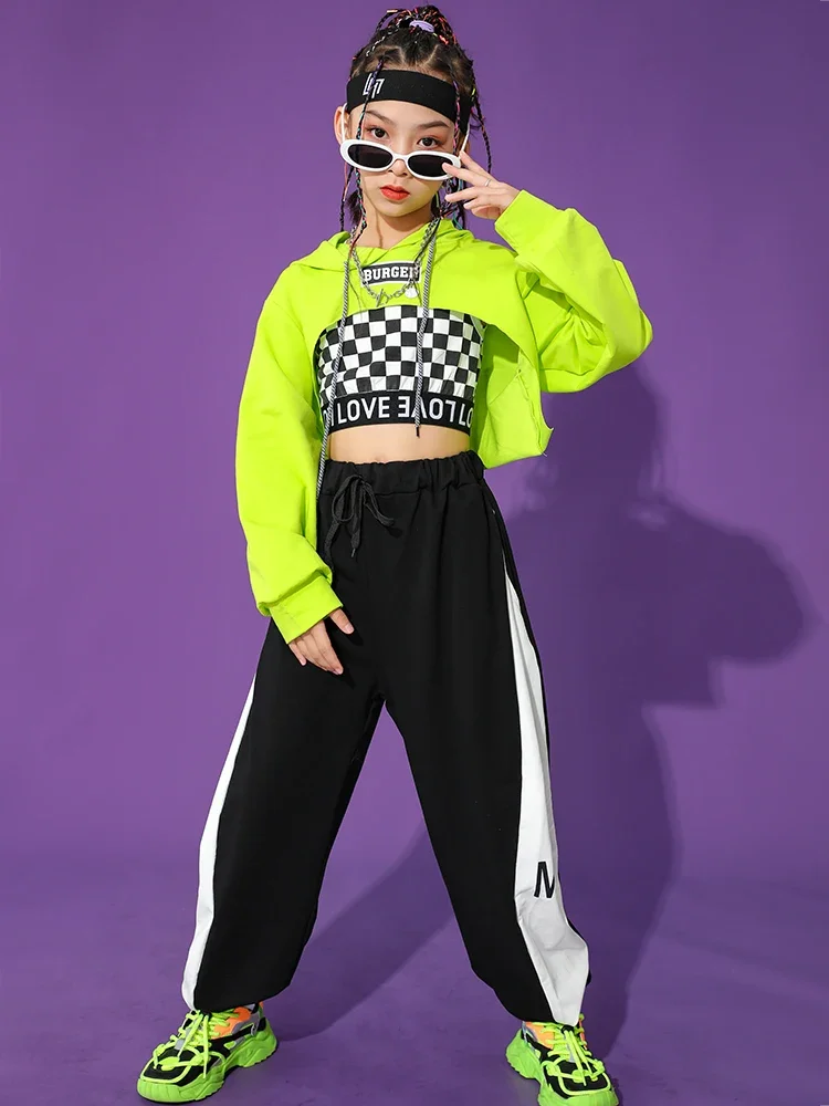 Costume de danse jazz moderne pour filles, manches Y, pantalon noir, streetwear, tenue de scène, vêtements hip hop pour enfants, vert long