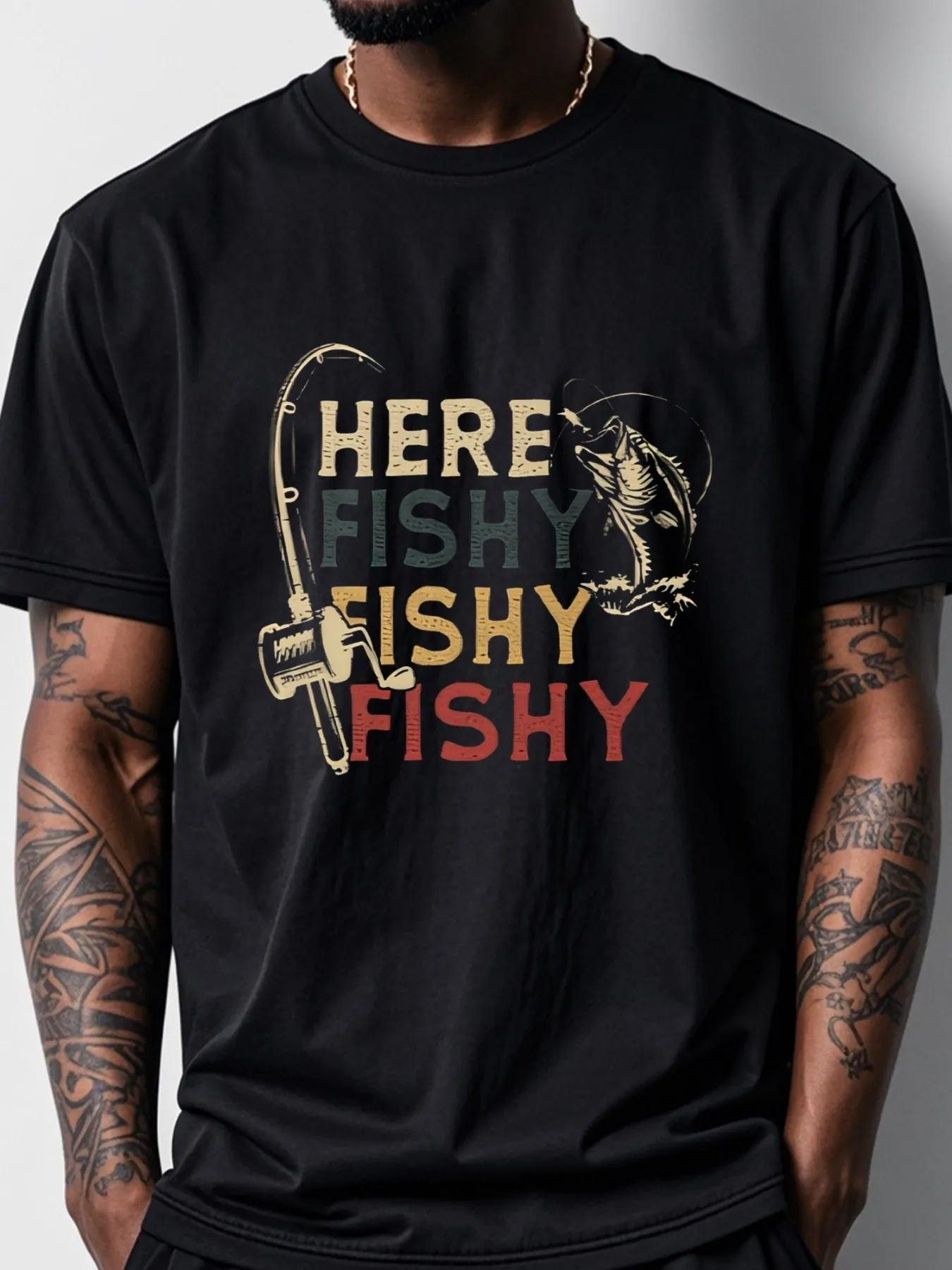 

Мужская футболка с рисунком Here Fishy Fishy Fishing — дышащая футболка с круглым вырезом из 100% хлопка, быстросохнущая повседневная рубашка с ярким воротником