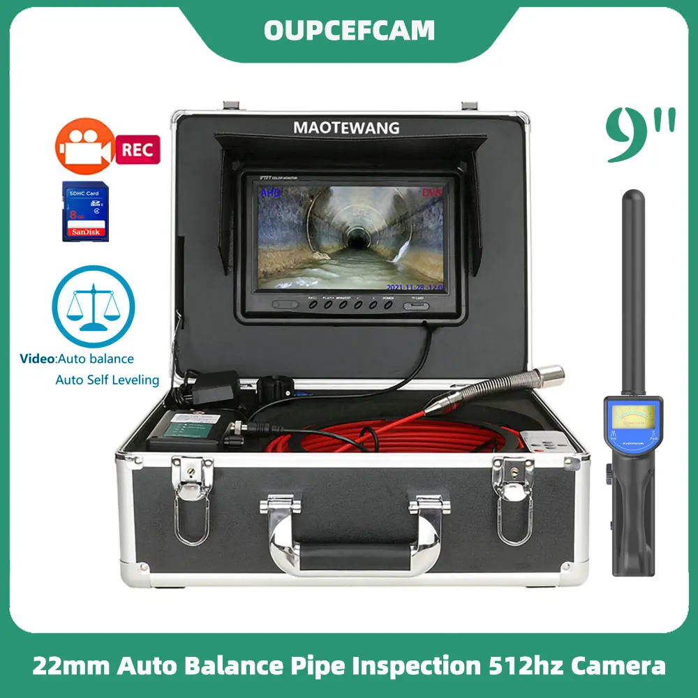 

9" AHD Monitor 512HZ Pipe Locator And DVR 16GB SD Card Sewer Pipe Inspection Endoscope 22mm IP68 Auto Self Leveling 512hz Camera