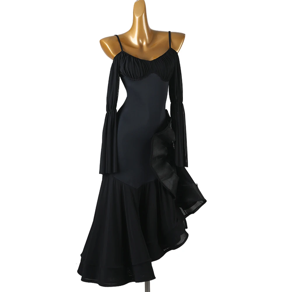 Walzer Ballsaal Wettbewerb Langarm Gesellschaftstanz Neue Wettbewerb Sling Flamenco Kleid Gesellschaftstanz Schwarz