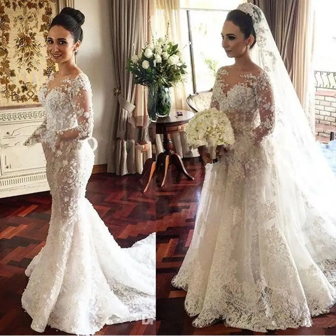 Customized Sheer Long Sleeves Mermaid Wedding Dress Two Pieces Appliques Lace Stunning Aso Ebi Bridal Gowns