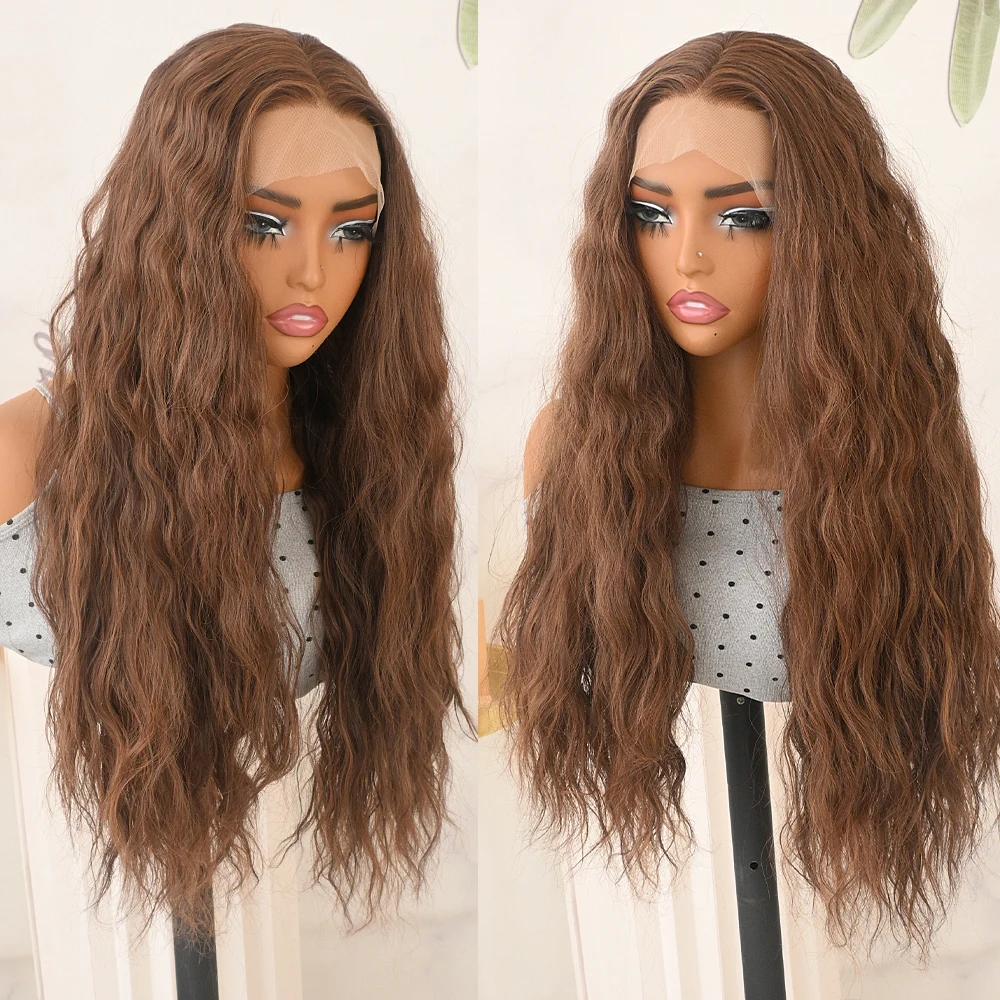 

Brown Highlights Mixed Color Lace Front Wigs 13x4 Free Part Synthetic Long Loose Curly Wig Pre Plucked Natural Hairline Daily