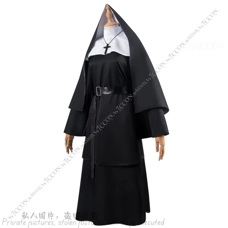 شبح راهبة هالوين زي فيلم الرعب تأثيري قناع امرأة تمويه الفم الدموي الصراخ الرعب هالوين حفلة شبح راهبة فستان