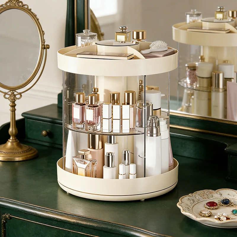 

Large Capacity Rotating Makeup Organizer Desktop Cosmetic Storage Case Adjustable Divider Dustproof Container for Brush Skincare