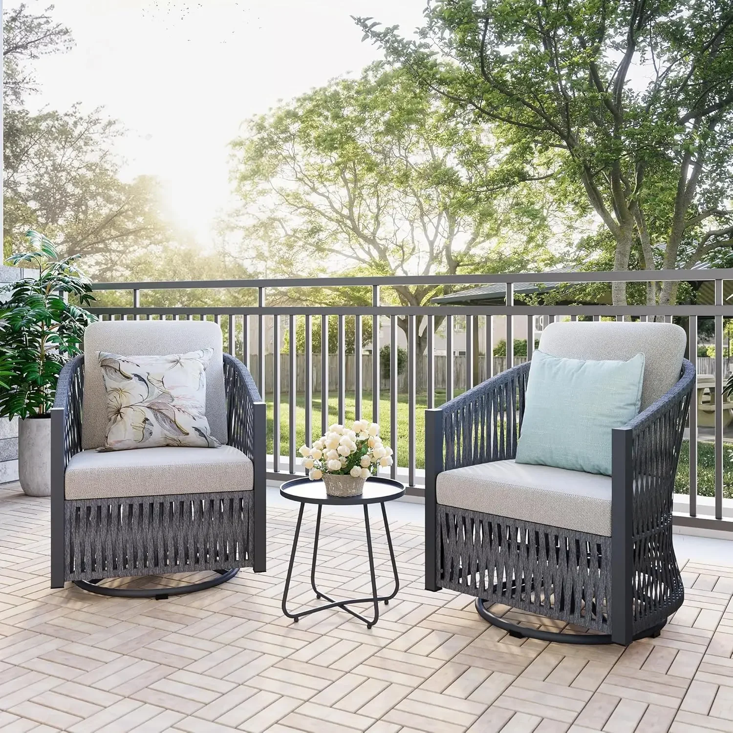 3 Pieces Patio Bistro Set - Indoor Outdoor hand woven rope furniture set with swivel rocking base