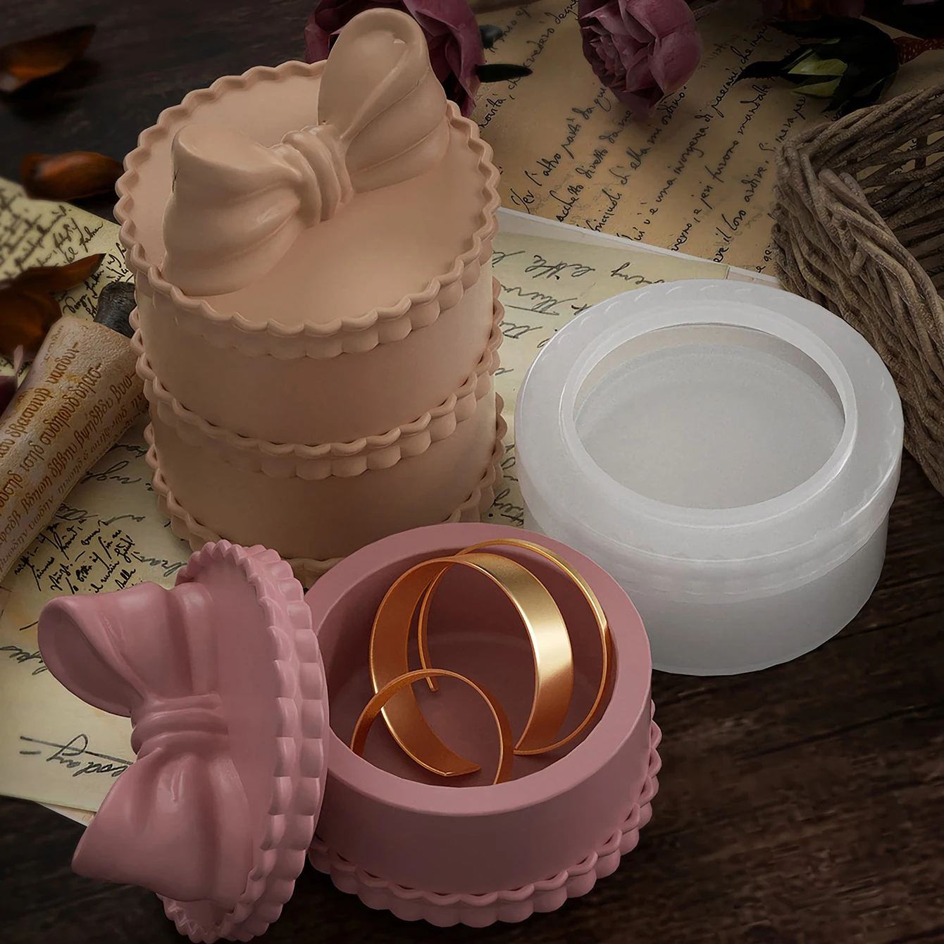 Stackable Multi-layer Bowknot Storage Box Silicone Mold with Lid, Mini Lace Edge Jewelry Box, Resin Plaster Cement Candle Cup