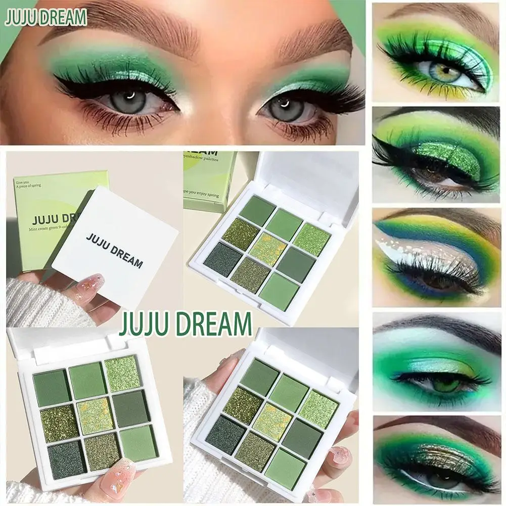 9 Farben Glitzer-Lidschatten-Palette, modisches Mint-Milchgrün, tägliches Schönheits-Make-up, mehrfarbige Lidschatten, schimmernd, matt, wasserfest