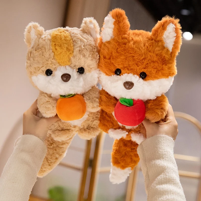 1Pc 24cm Kawaii Plush Fox and Squirrel Plush Toys Cartoon Animal Pillow Holding Fruit Doll Stuffed Soft Toy for Birthday Gifts