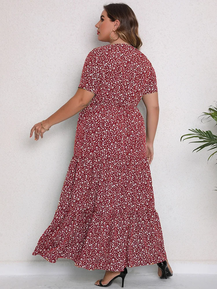 GIBSIE Plus Size O-Neck Ditsy Floral Ruffle Hem Dress Women 2024 Summer Short-sleeved Vacation Bohemian Beach Maxi Long Dresses