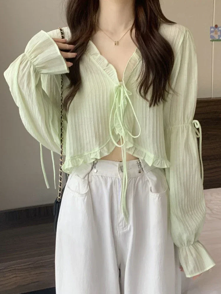 

Sweet Ruffle Lace-up Cardigan Women Summer Thin Sunscreen Tops Female Korean Fashion Casual Long Sleeve Crop Tops Ladies 2023