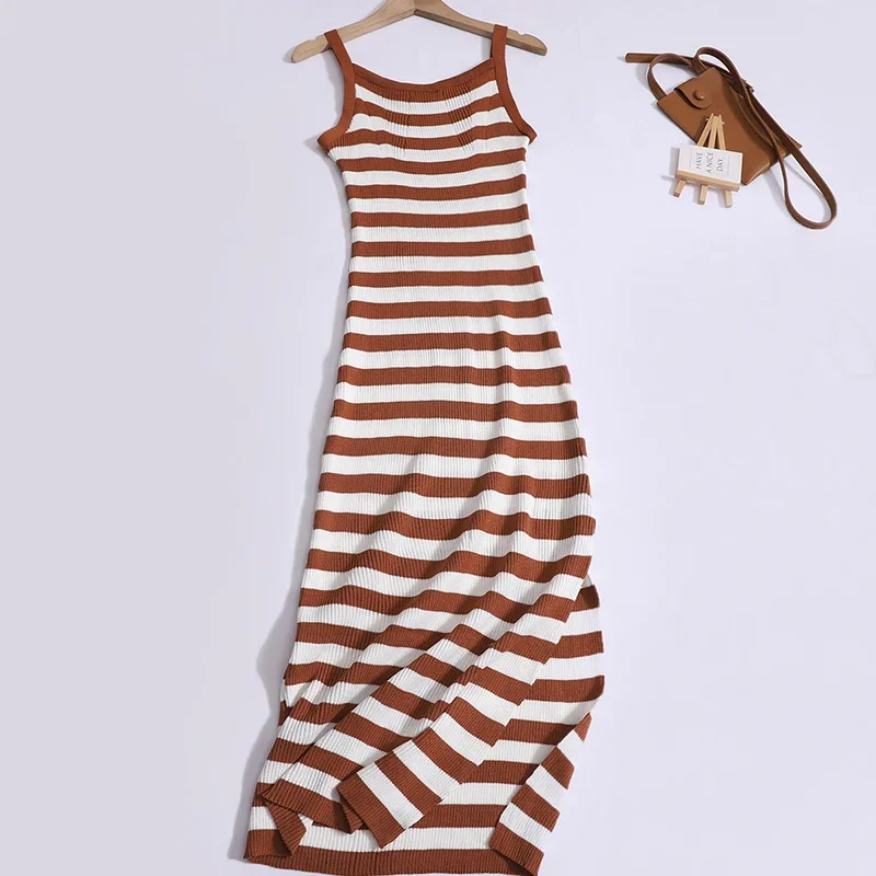 2024 New Summer Sexy Contrast Color Striped Clavicle Dress with Slip Tight Waist Slim Split Knitted Long Dress Women