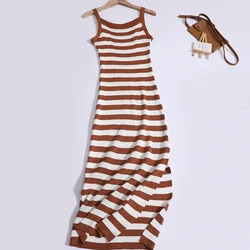 2024 New Summer Sexy Contrast Color Striped Clavicle Dress with Slip Tight Waist Slim Split Knitted Long Dress Women