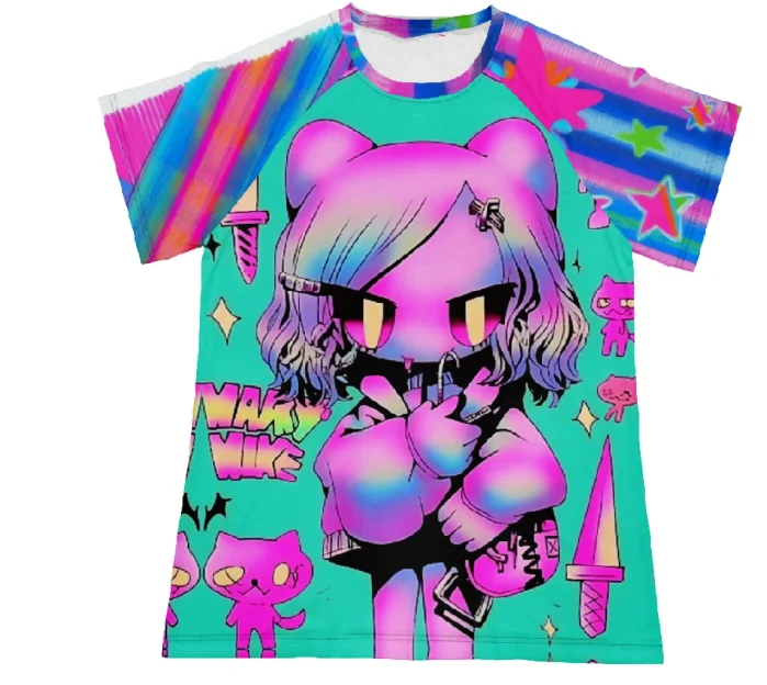Adult and Children's Y2K Millennium Sweet Funeral Style 3D Printed T-shirt Black Base Pink Blue Grid Splicing Short Sleeve