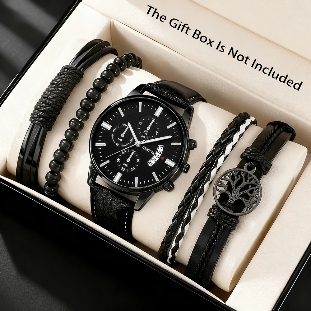 5-teiliges Set: Einfache und modische Herrenuhr mit modischem Lederarmband, Quarzuhr mit geflochtenem Armband