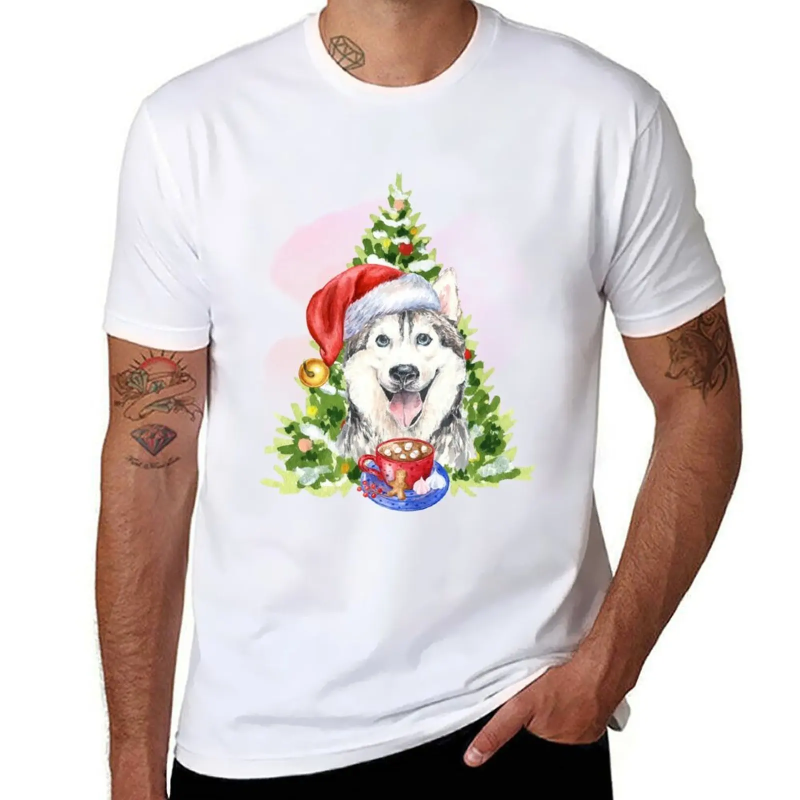 

Husky Christmas : Husky With Christmas Tree And Hot Chocolate T-Shirt man t shirt cotton T-Shirt