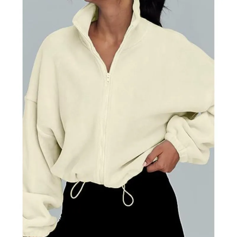 

Women's streetwear loose solid color zipper cardigan casual fashion long sleeved stand up collar fleece sports winter jacket