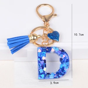 26 Carta Chave Fivela Pingente com Tassel Azul, Alloy Love Handbag, Iniciais Glitter Gradiente Resina, Chaveiro Encantos, Moda Feminina 8 principais vendas chaveiro de franja - №5