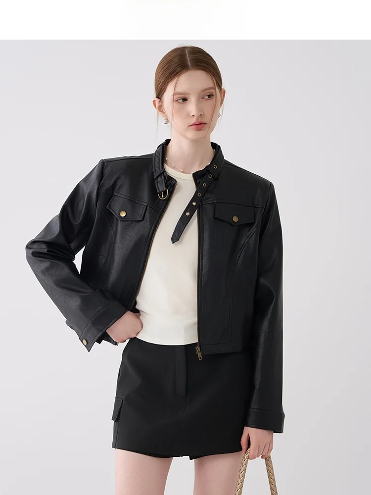 레트로 지우지우 모터사이클 스타일 가죽 재킷 여성용 2026년 봄 신상 지퍼 스트레이트 튜브 롱 슬리브 스탠드 칼라 코트