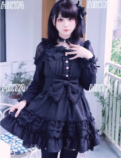 

Japanese Liz Dress Women Mine Mass-Produced Lace Off-Shoulder Long Sleeve Dresses Autumn New Sweet Bow Cake Dress Lolita