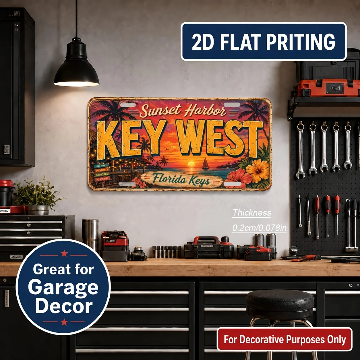2D Flat, [2D Flat] 1pc Key West Themed Vintage License Plate Wall Decor - Suitable for Decorative Use Only, Retro Florida Sign f