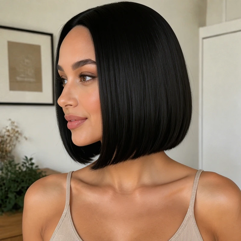12-inch black wig, synthetic, center-parted, smooth, short, natural-looking hair, elegant and trendy natural style for women.