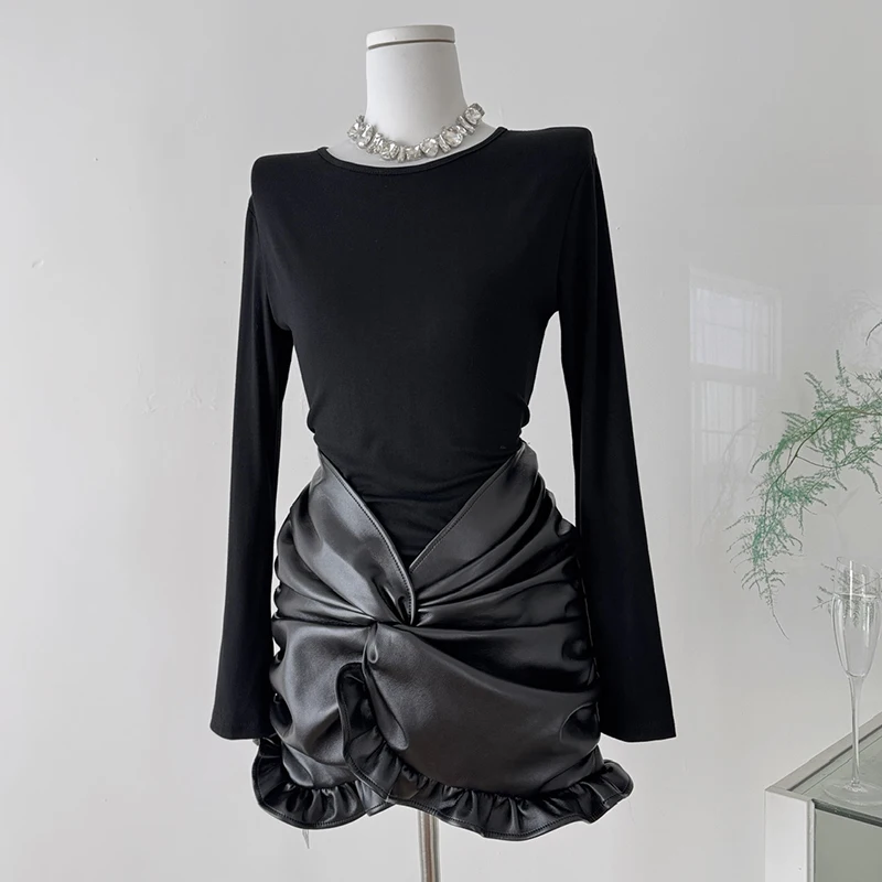 

Fake 2 Piece Black Dress Women Criss-cross PU Dresses Female 2026 New Casual Y2K O-neck Long Sleeve Black Dress Vestidos Mujer