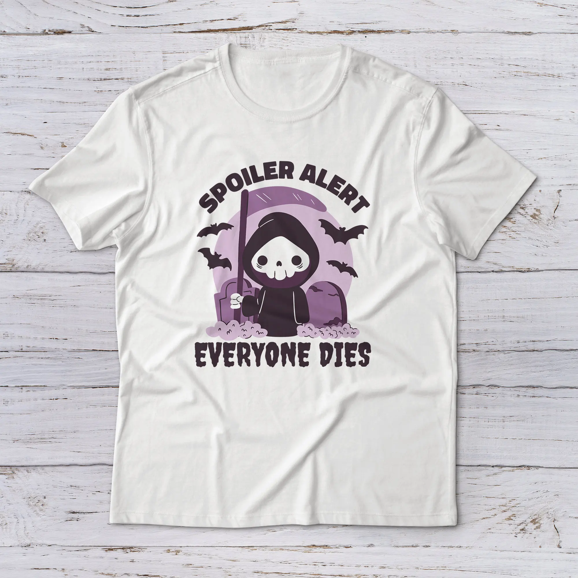 Cute Chibi Reaper T Shirt Spoiler Alert Everyone Dies Black White with Grave Stones Tombstones