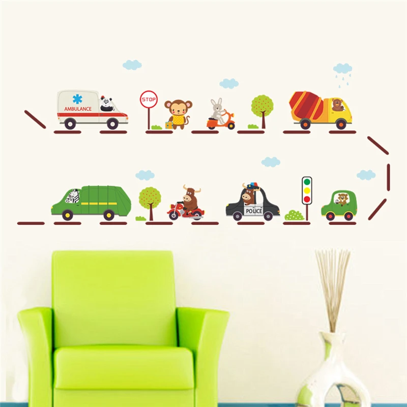 Cartoon Animal City Transportation Cars Wall Stickers For Kids Room Decoration Nursery Safari Wall Mural Art Diy Home Decal