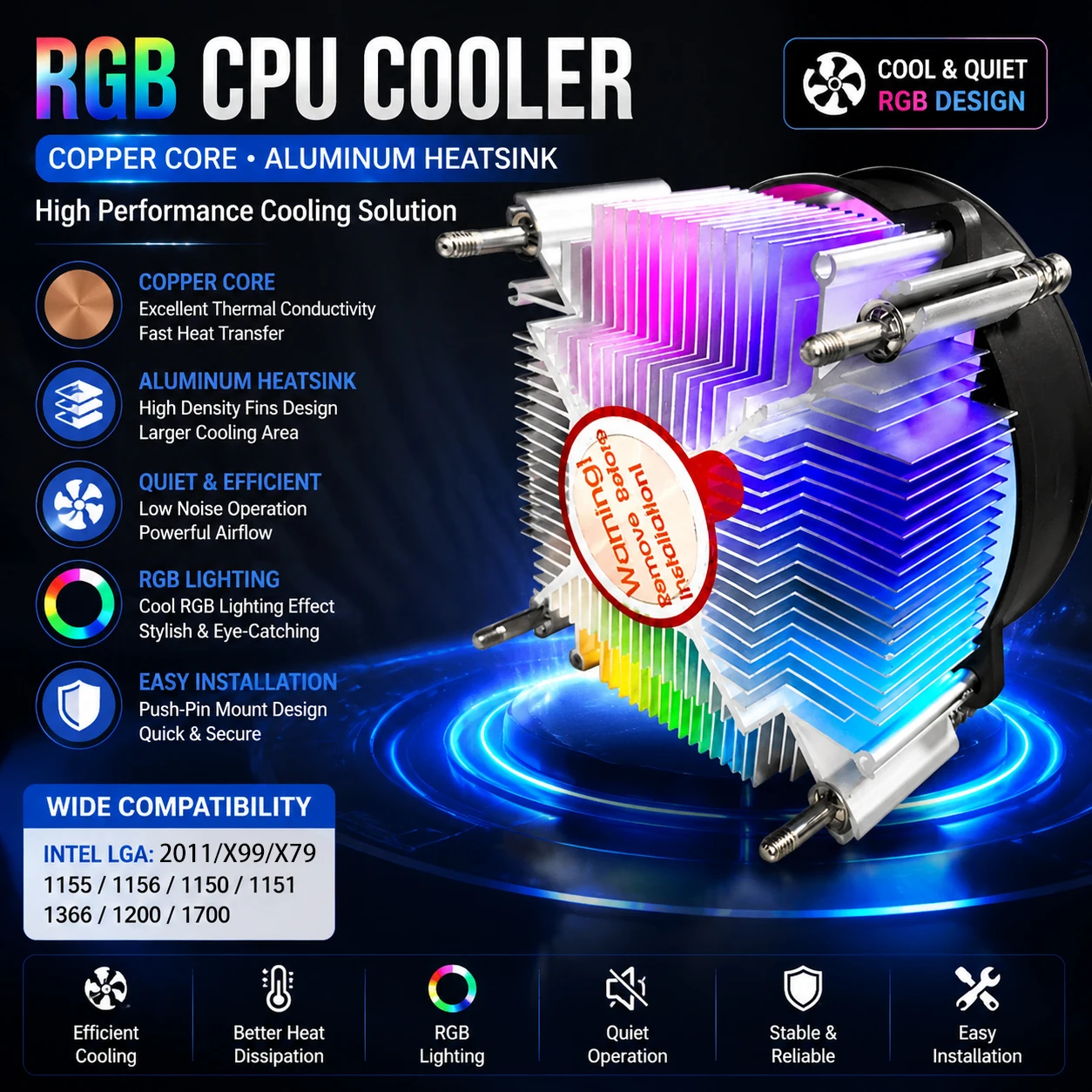 RGB CPU Air Cooler 4PIN PWM Copper Core 90MM PC Processors Cooling Fan for Intel 115X/1700/1200/1366/2011/2011-3/X99/X79