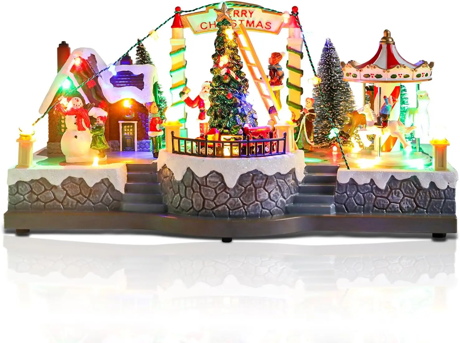 

Christmas Village House with LED Lights, Rotating Train Carousel, and USB Indoor Figurines for Tabletop Decoration