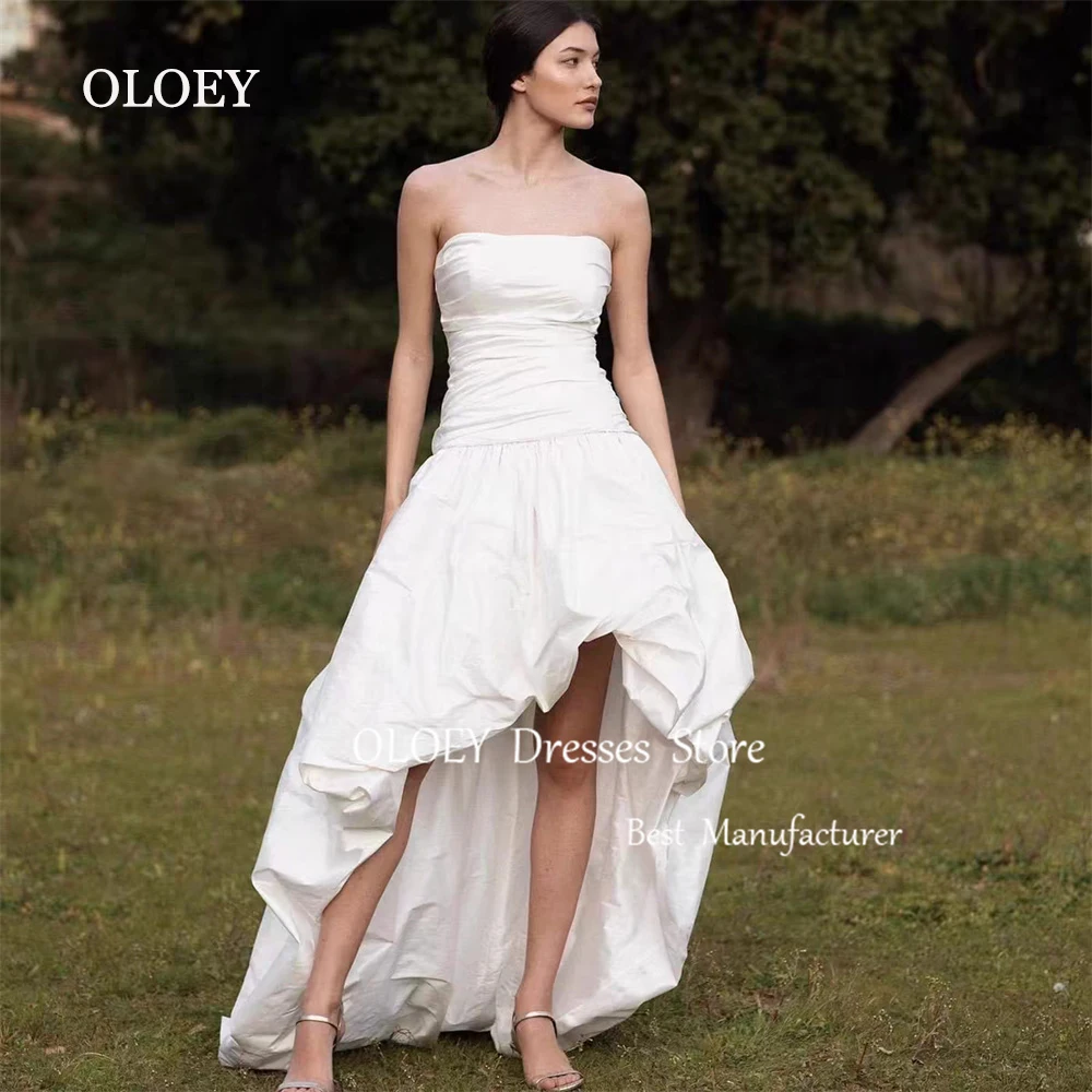 OLOEY Simple Ivory Strapless A Line Wedding Dress Silky Taffeta Long Bridal Gown Korea Photoshoot Sleeveless Pleats Customized