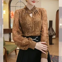 Women's V-neck Patchwork Lace Hook Flower Hollow Spring and Autumn New Solid Color Long Sleeve Loose Pullover Chiffon Shirt Tops