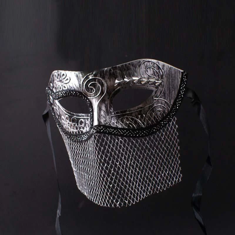 Men Masquerade Mask With Mesh Veil Venetian Vintage Retro Mask Carnival Festival Cosplay Mardi Gras Party Prom Halloween Silver