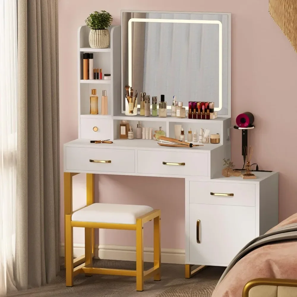 

Dressing table with mirror and lamp, drawer, 3-color adjustable lighting brightness and power socket, dressing table