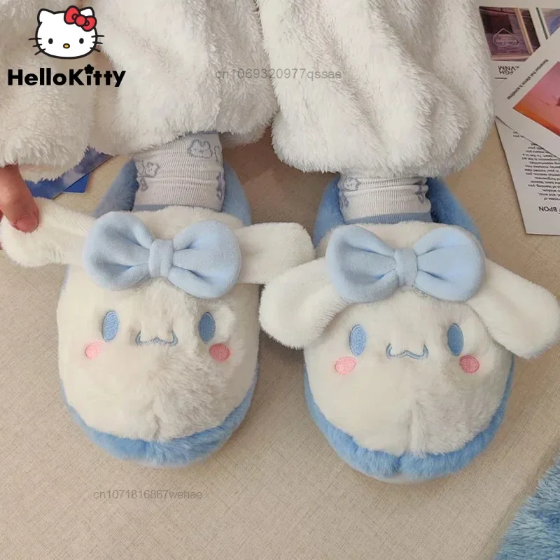 Sanrio Cinnamoroll Sweet Y2k Casual Plush Fuzzy Slippers for Women Kawaii Cartoon Winter Warm Cotton Bedroom Couples Floor Shoes