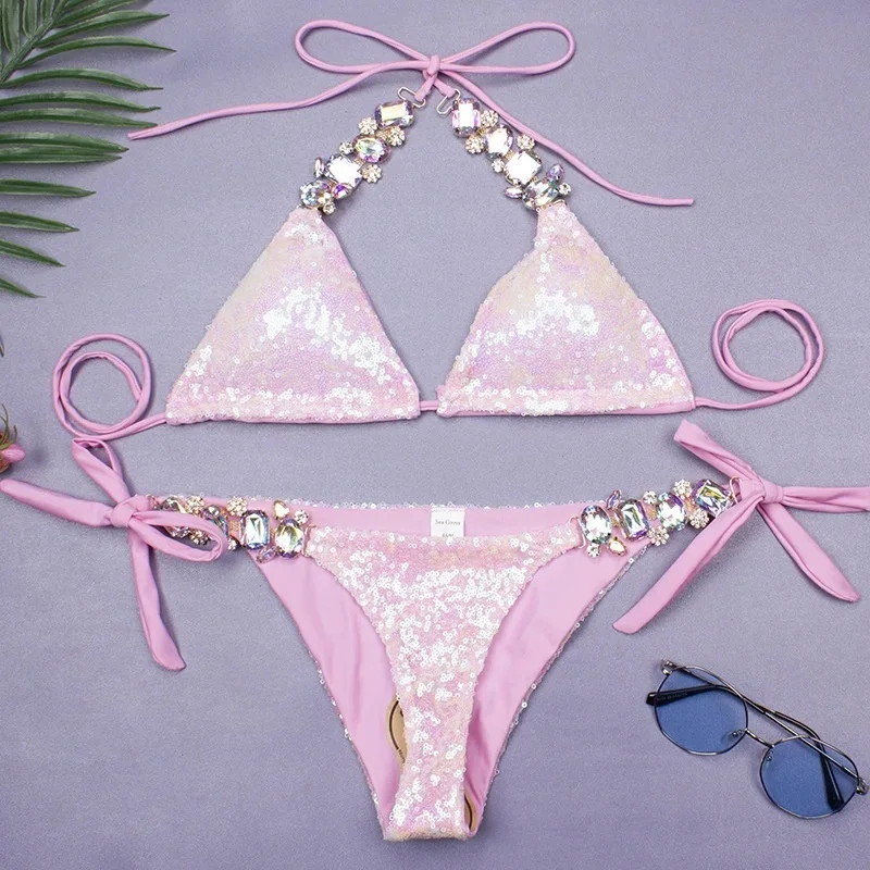 Costume da bagno Bikini Sexy lucido con strass costumi da bagno donna Bikini Push Up da spiaggia costumi da bagno costumi da bagno piscina bagnante