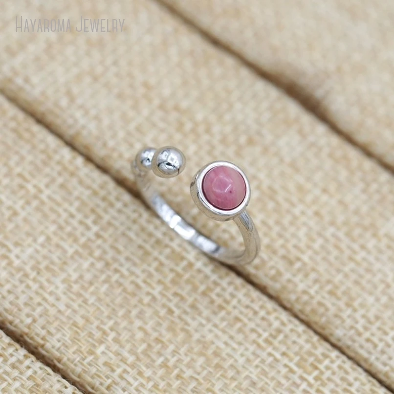 10Pcs Semi-precious Stone Rhodonite Wholesale Silver Color Round Coin Shape Circle Ring RM51210