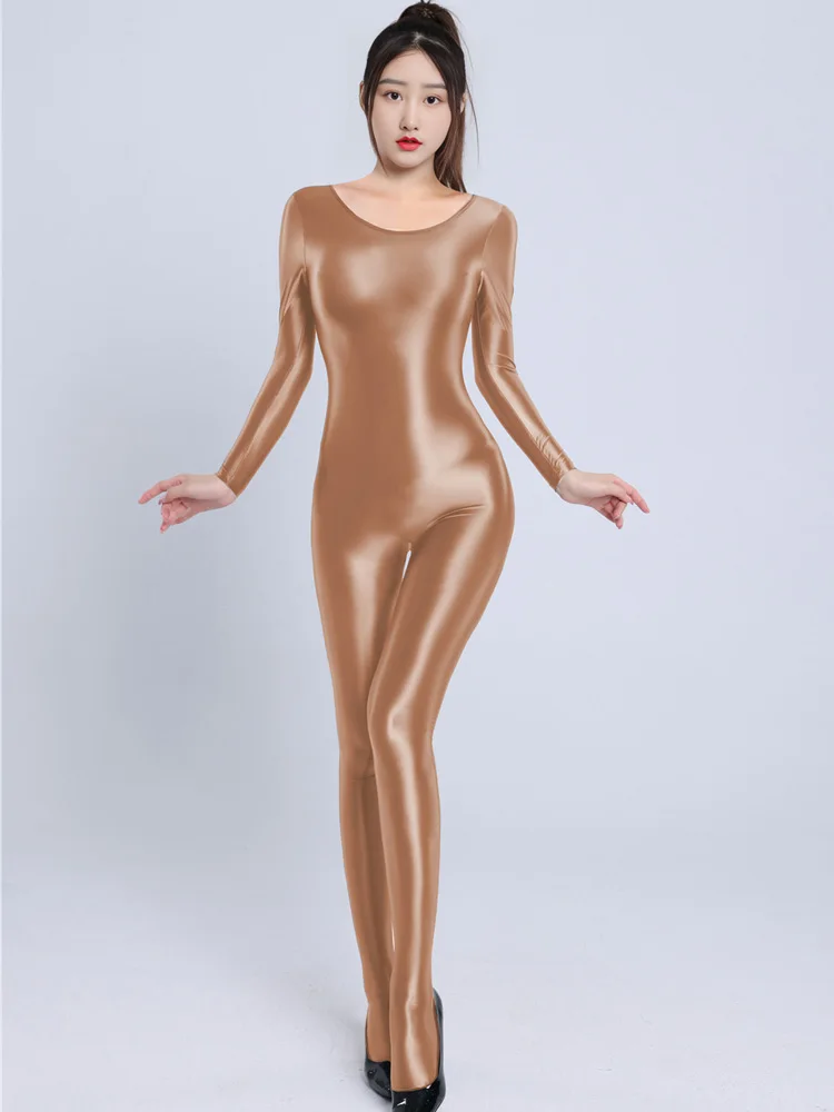 Sexy Women Stain Oil Shiny Elastic Bodysuit Shapping Romper One-piece Thong Silky Tight Satin Jumpsuits Candy Color Maid Leotard