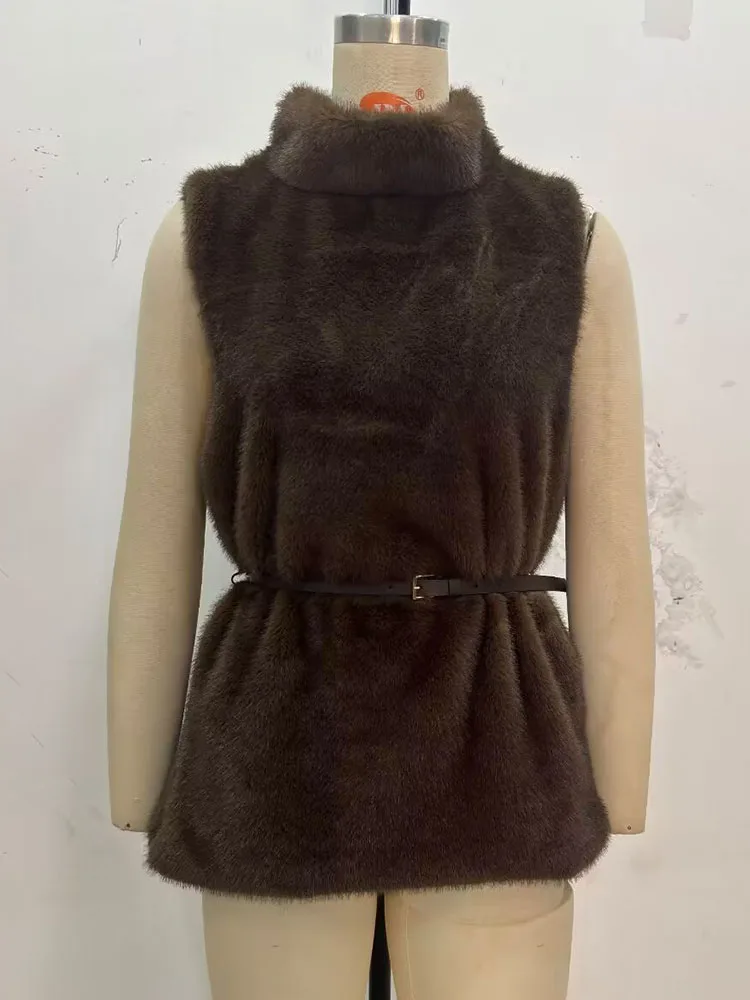 Hh feminino inverno nova moda com cinto gola alta topo feminino temperamento de rua alta simples casual efeito pele do falso sem mangas topo