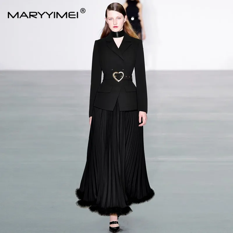 MARYYIMEI Autumn and Winter Women\'s Suit Notched Long-Sleeved With Belt Coat Tops+Loose Waist Pleated Skirt 2 piece set