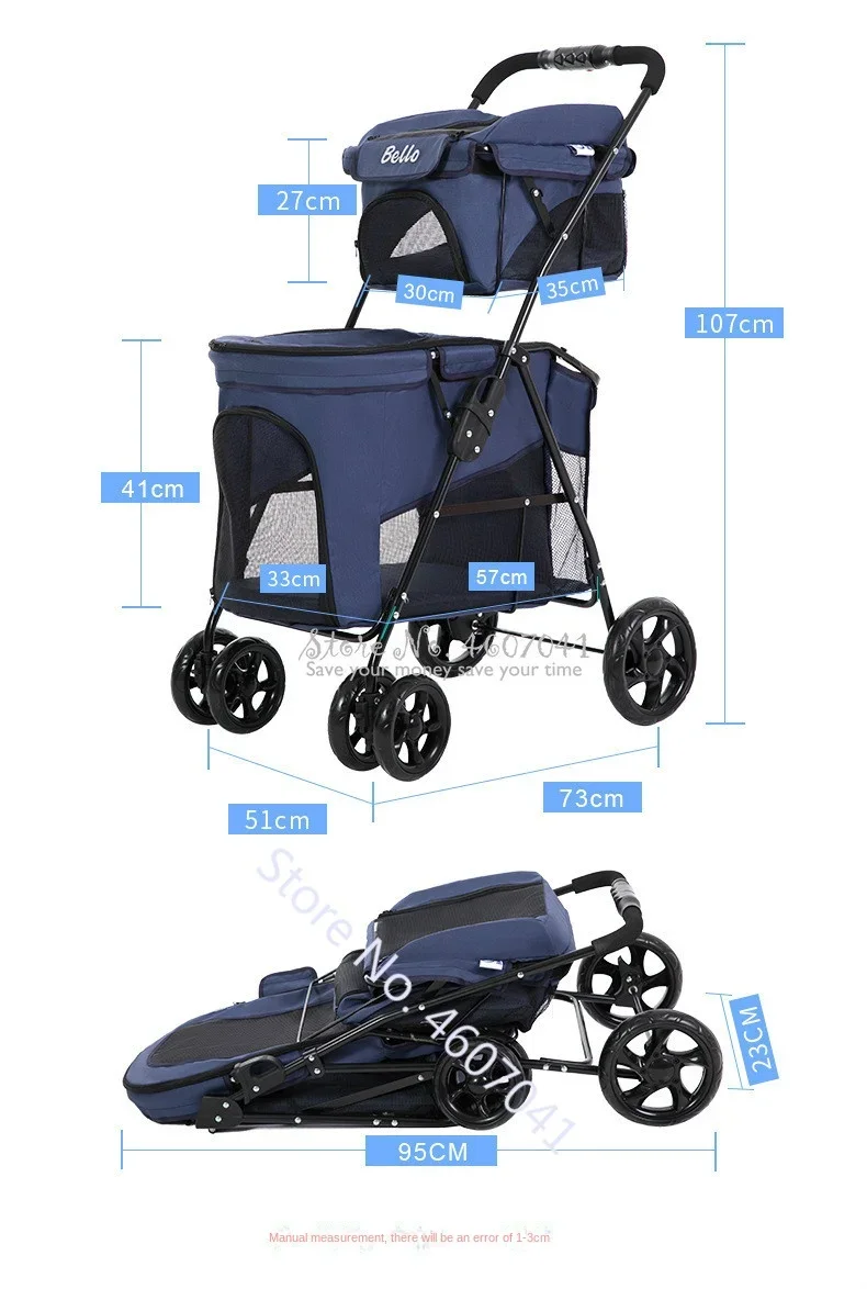 Lightweight Folding Pet Double-layer Trolley Dog Pet Stroller Cat Cage Four-wheeled Outdoor Travel